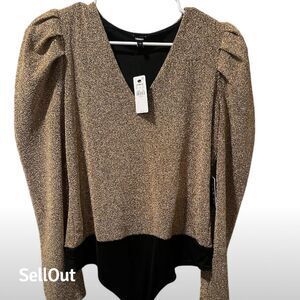 Express Women's Gold V-Neck Puff Sleeve Blouse Size L Party Top